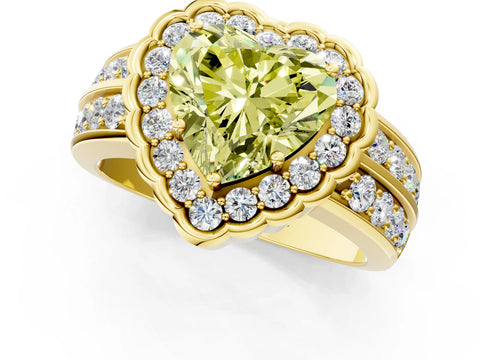 Yellow gold Fancy Yellow Heart Cut Halo Diamond Split Shank Ring with Scalloped Prong Setting_1
