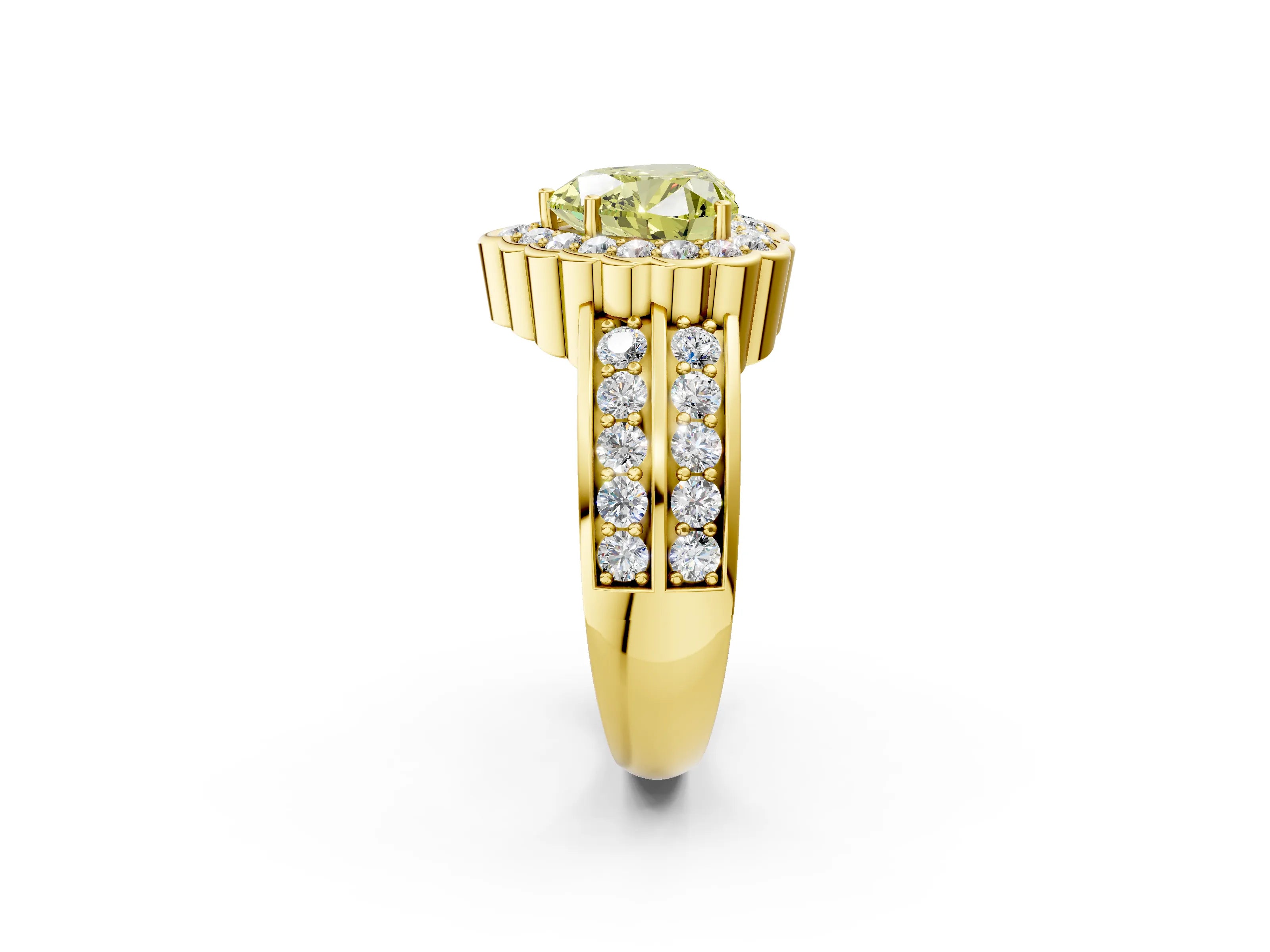 Yellow gold Fancy Yellow Heart Cut Halo Diamond Split Shank Ring with Scalloped Prong Setting_2