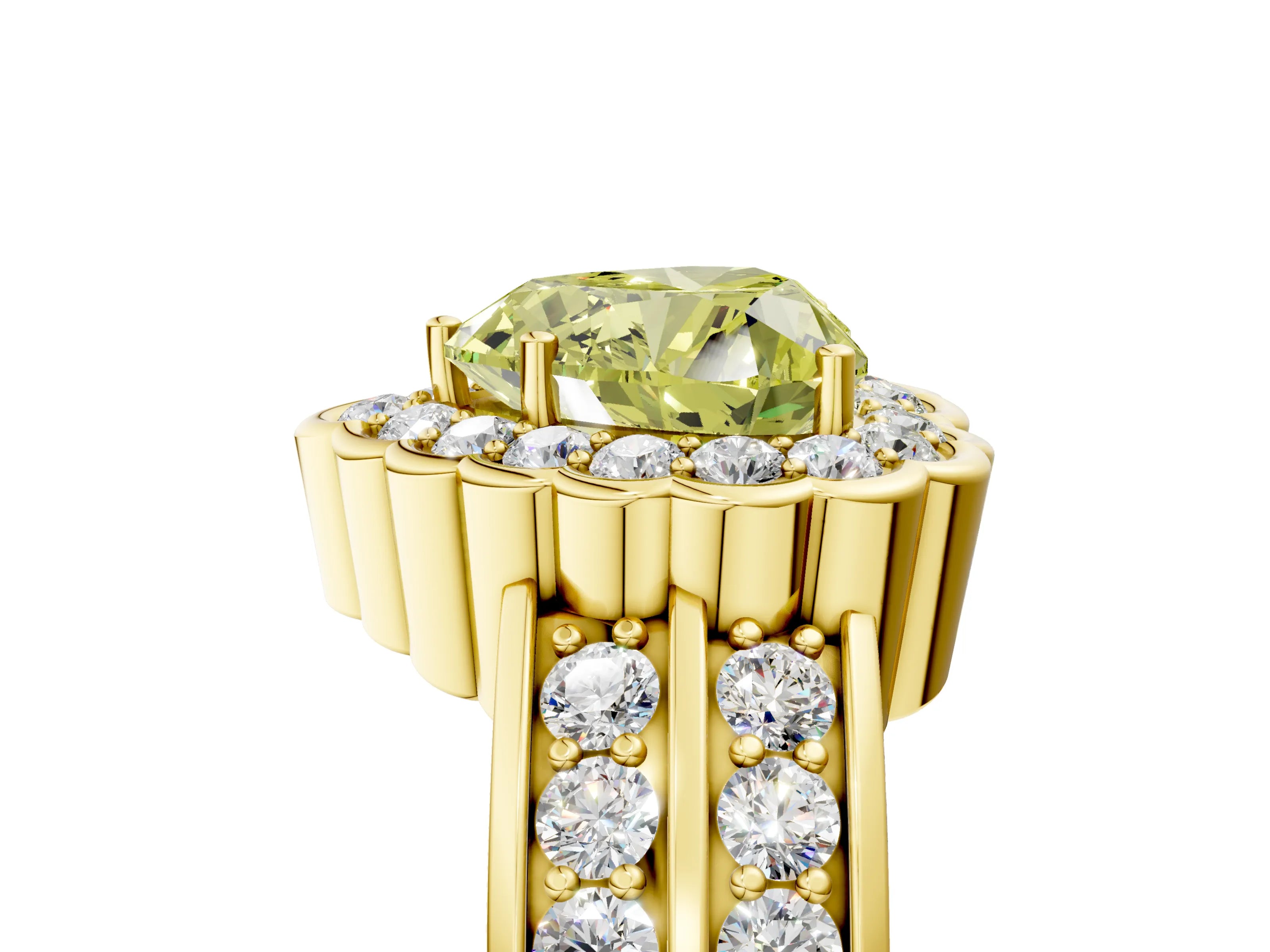 Yellow gold Fancy Yellow Heart Cut Halo Diamond Split Shank Ring with Scalloped Prong Setting_5