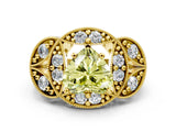 Yellow gold Fancy Yellow Heart Cut Halo Milgrain Diamond Engagement Ring with Leaf Band and Four-Prong Setting