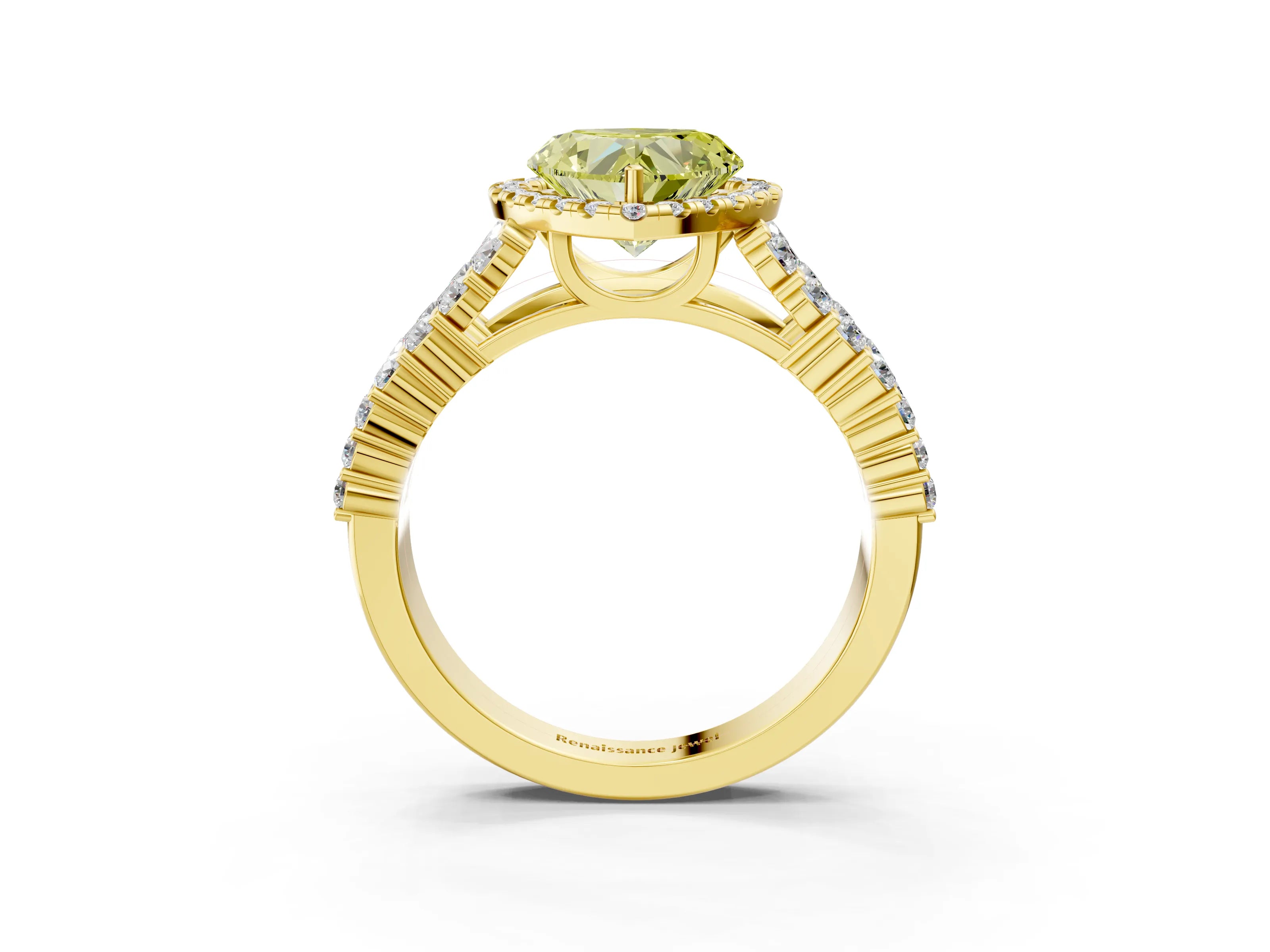 Yellow gold Fancy Yellow Heart Cut Halo Pavé Diamond Engagement Ring with Split Shank and Four-Prong Setting_6
