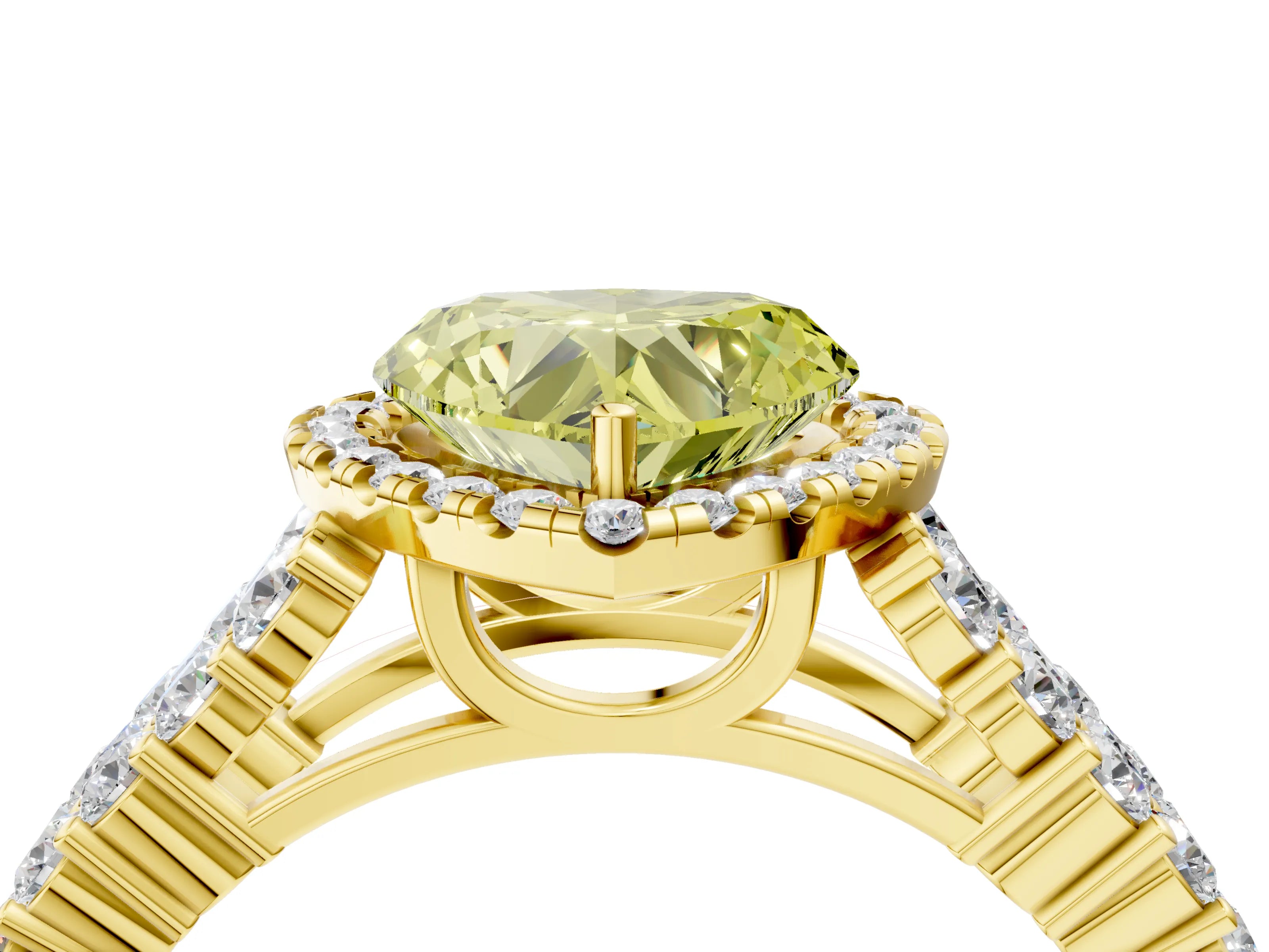 Yellow gold Fancy Yellow Heart Cut Halo Pavé Diamond Engagement Ring with Split Shank and Four-Prong Setting_7