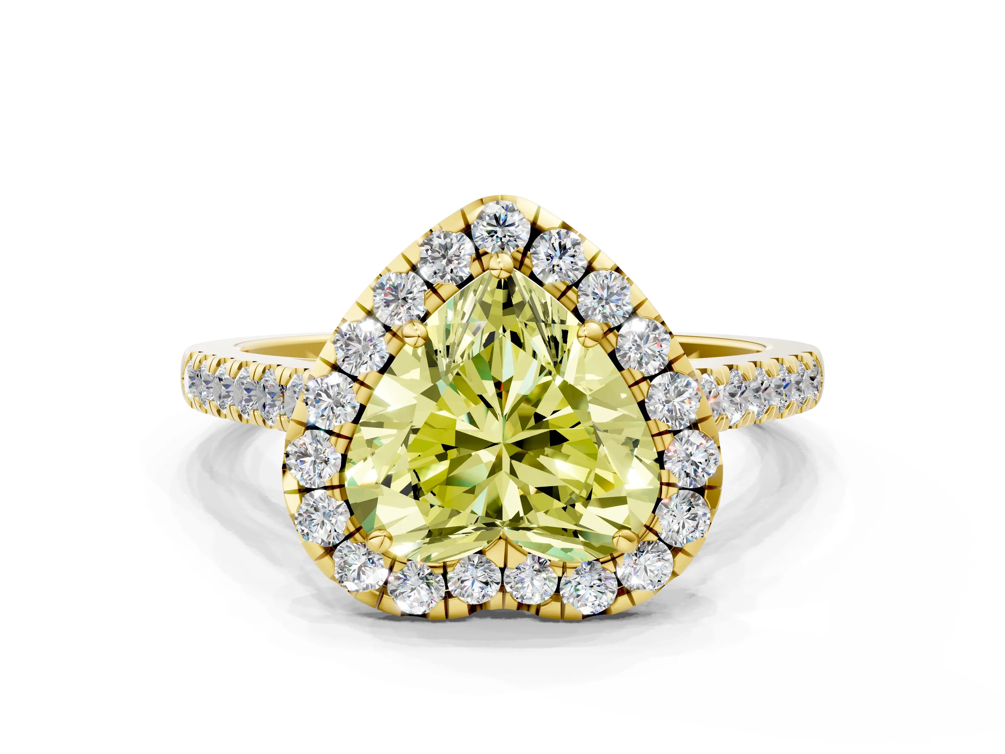 Yellow gold Fancy Yellow Heart Cut Halo Pave Diamond Engagement Ring with Four-Prong Setting