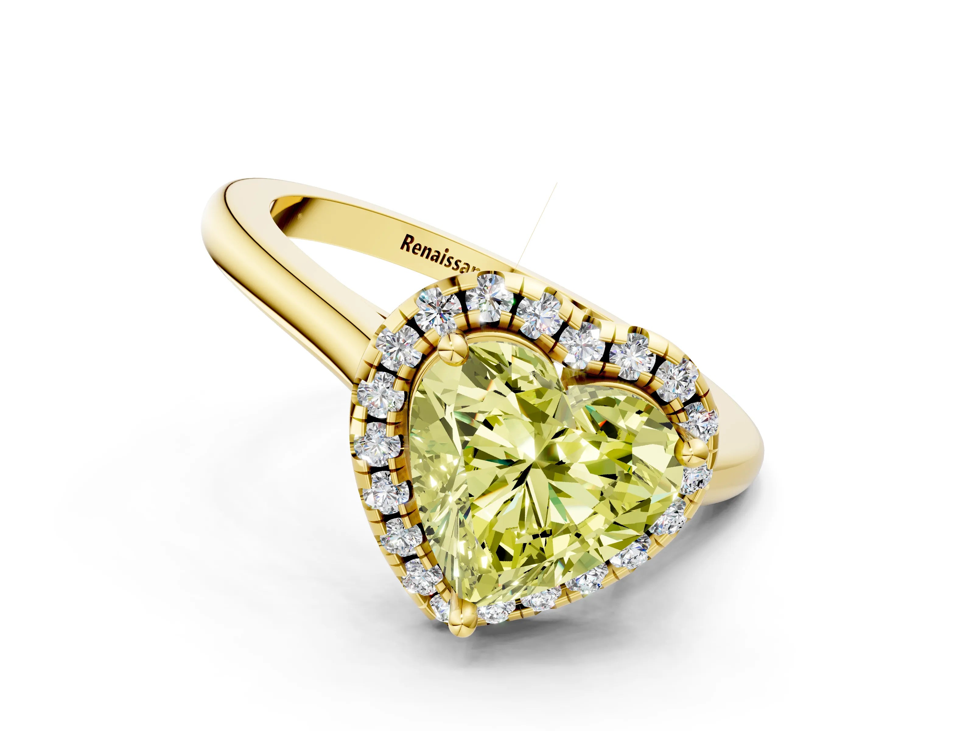 Yellow gold Fancy Yellow Heart Cut Halo Round Diamond Solitaire Engagement Ring with Pave Band and Four-Prong Setting_12