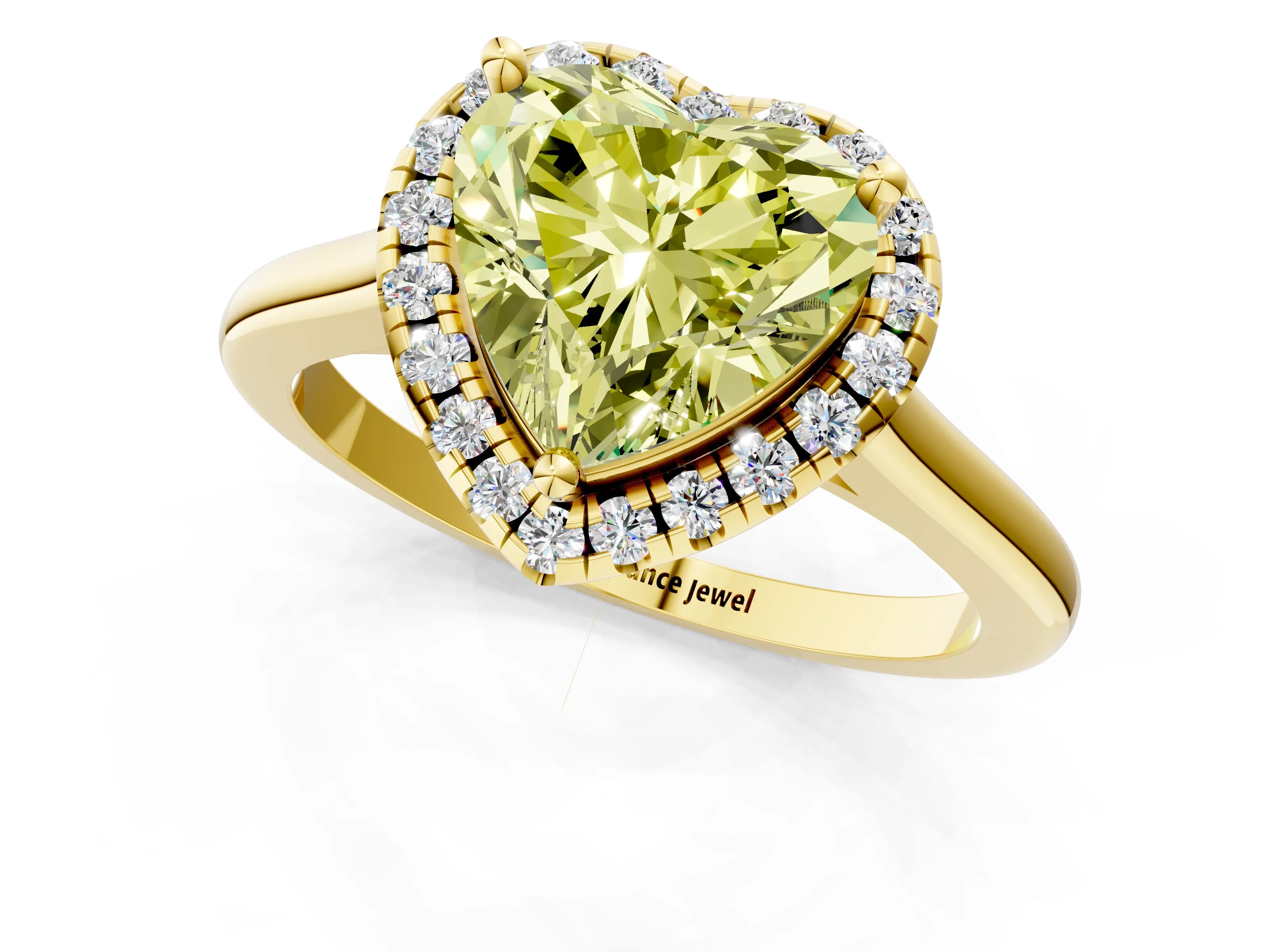 Yellow gold Fancy Yellow Heart Cut Halo Round Diamond Solitaire Engagement Ring with Pave Band and Four-Prong Setting_13