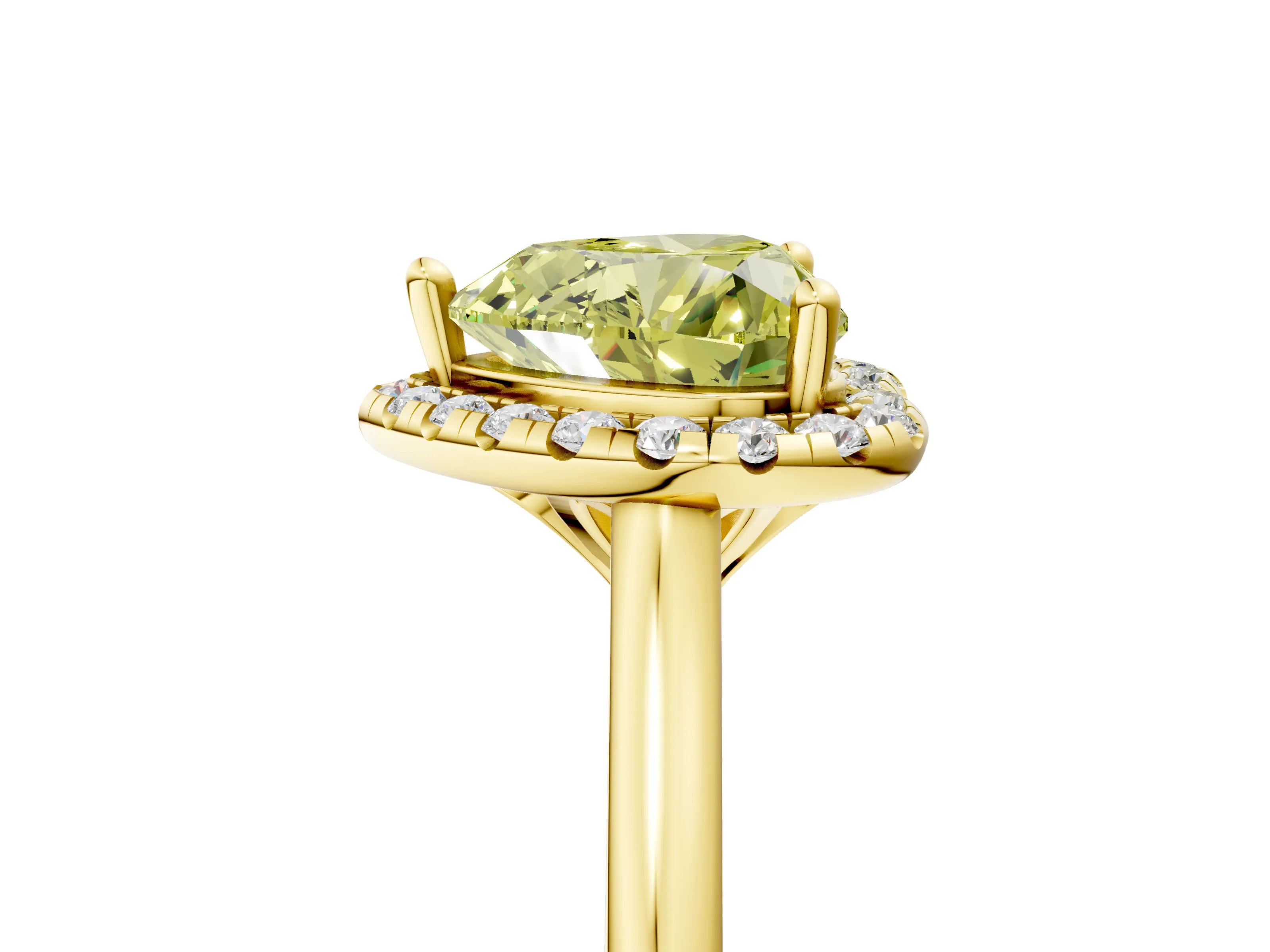 Yellow gold Fancy Yellow Heart Cut Halo Round Diamond Solitaire Engagement Ring with Pave Band and Four-Prong Setting_17