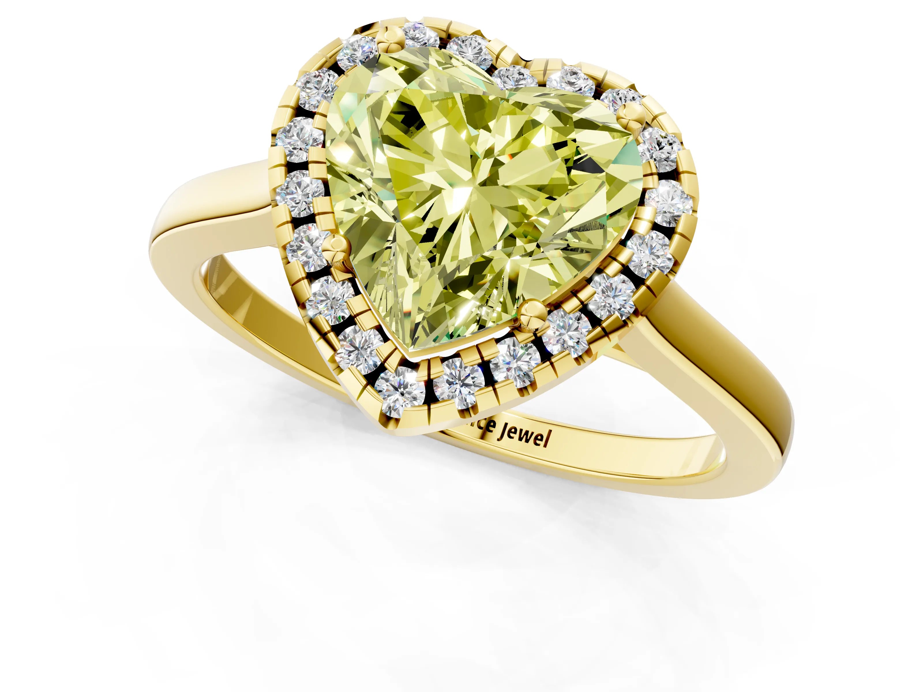 Yellow gold Fancy Yellow Heart Cut Halo Round Diamond Solitaire Ring with Pavé Band and Four-Prong Setting_13