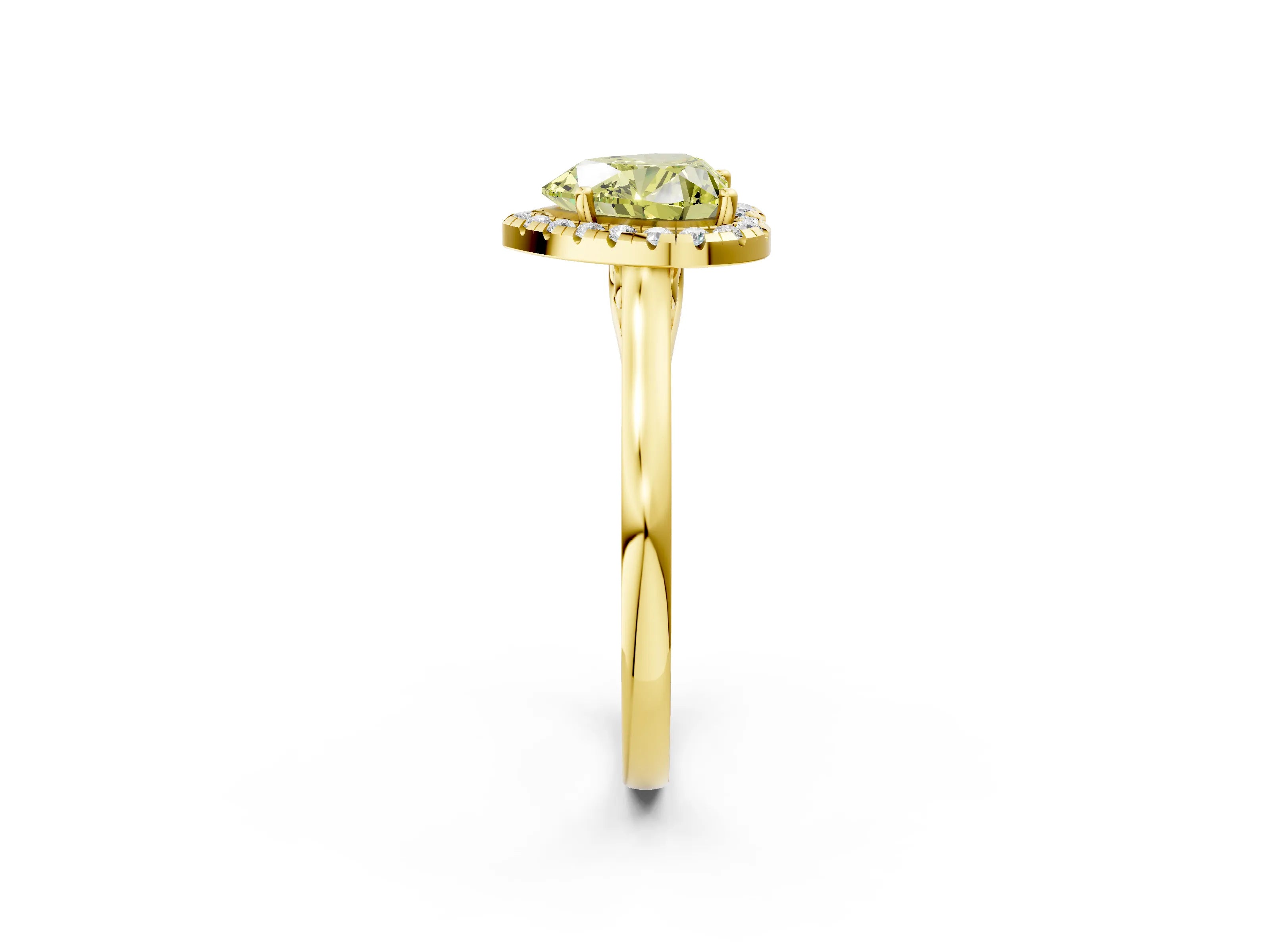 Yellow gold Fancy Yellow Heart Cut Halo Round Diamond Solitaire Ring with Pavé Band and Four-Prong Setting_14