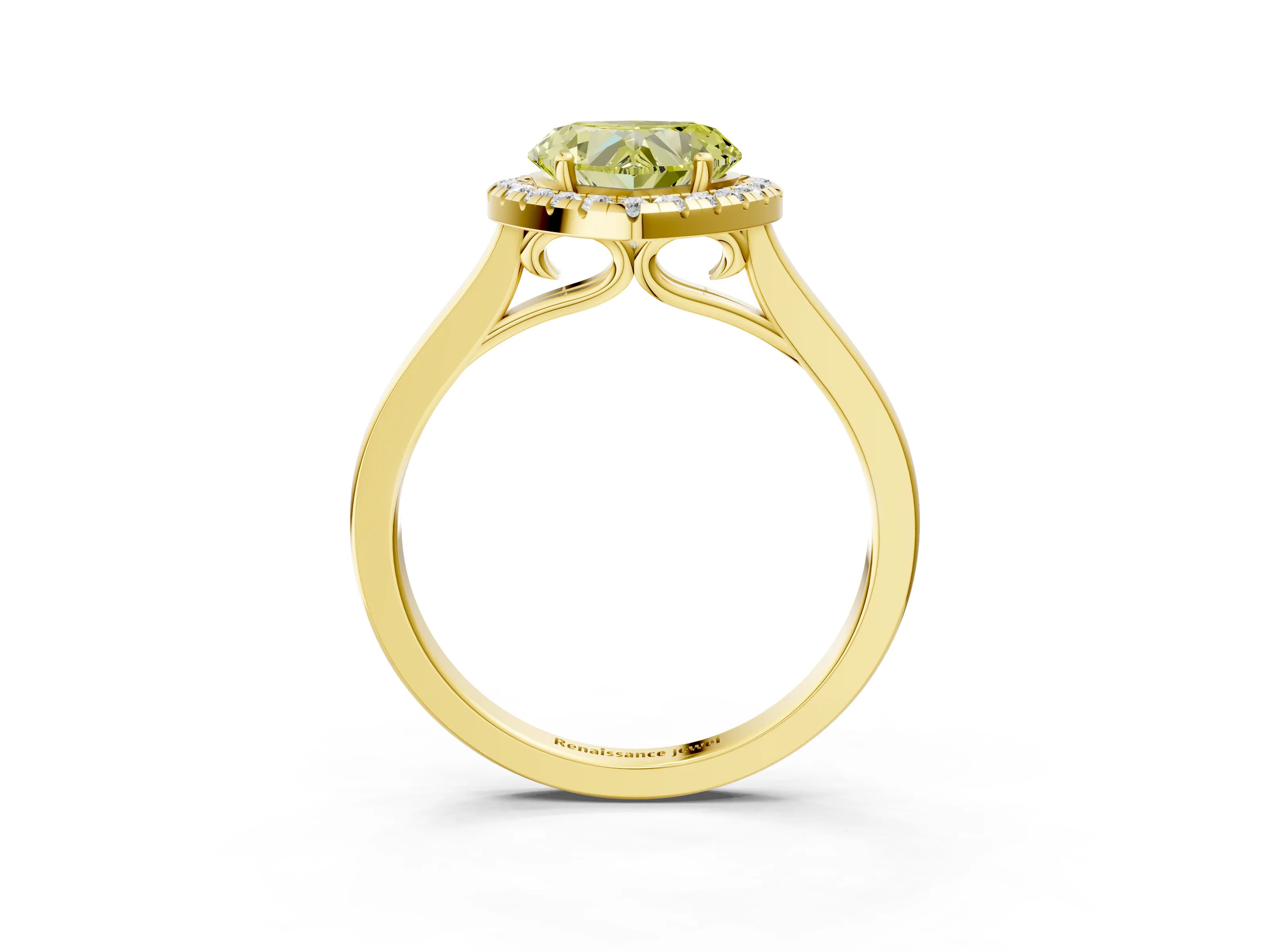 Yellow gold Fancy Yellow Heart Cut Halo Round Diamond Solitaire Ring with Pavé Band and Four-Prong Setting_15