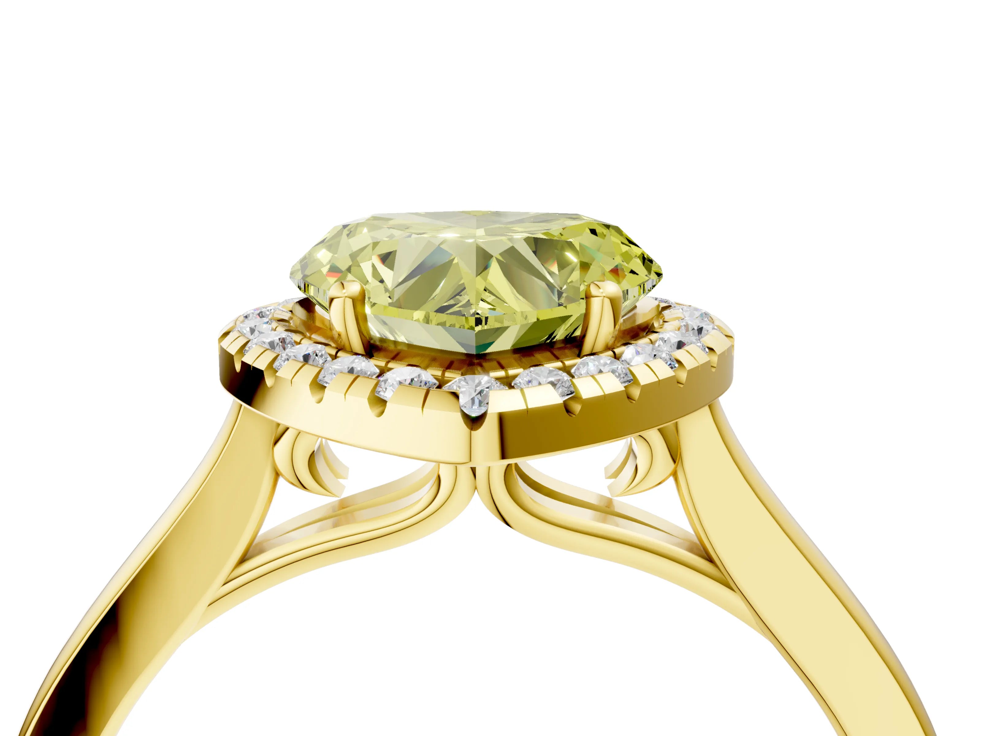 Yellow gold Fancy Yellow Heart Cut Halo Round Diamond Solitaire Ring with Pavé Band and Four-Prong Setting_16