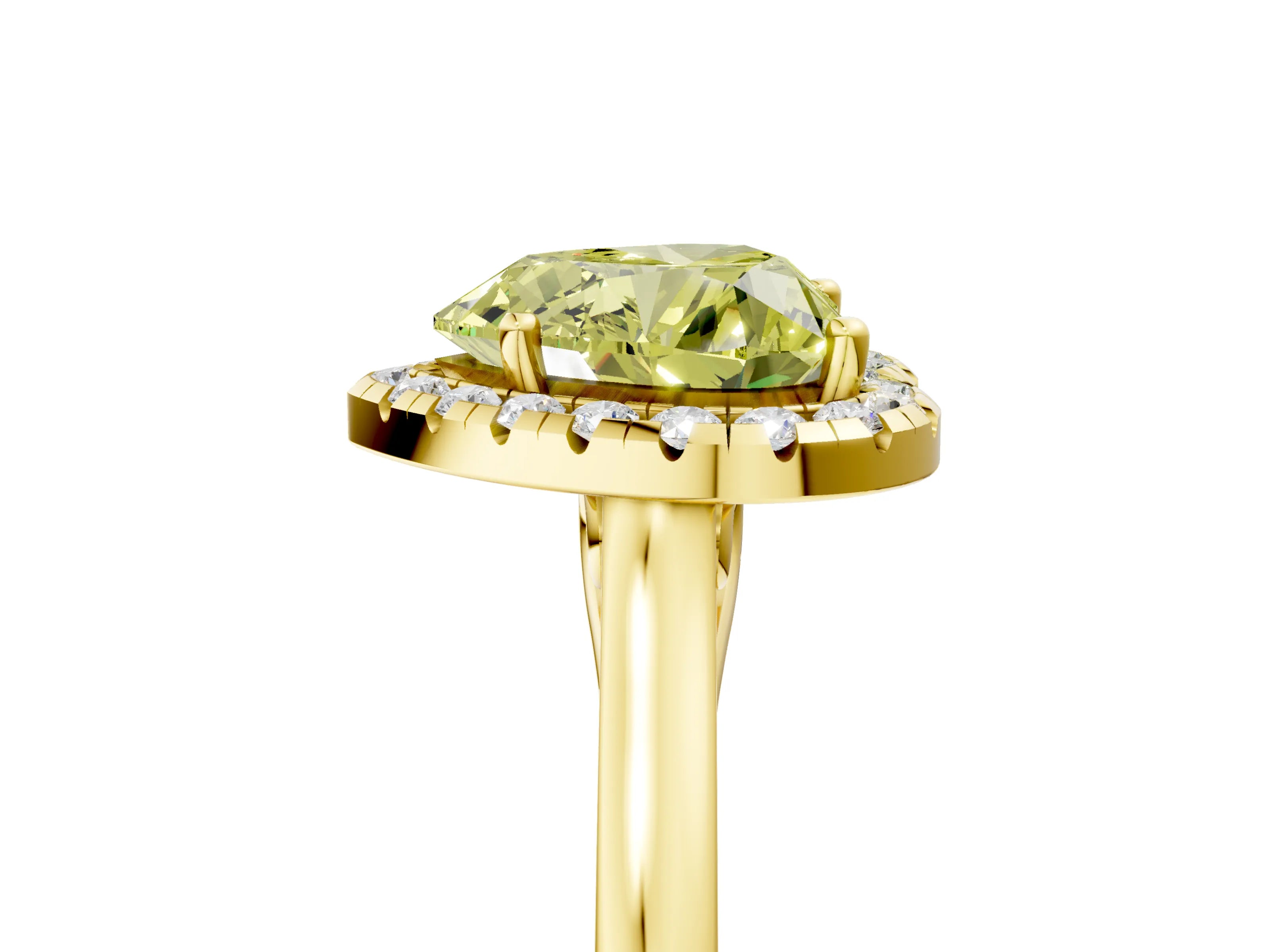 Yellow gold Fancy Yellow Heart Cut Halo Round Diamond Solitaire Ring with Pavé Band and Four-Prong Setting_17