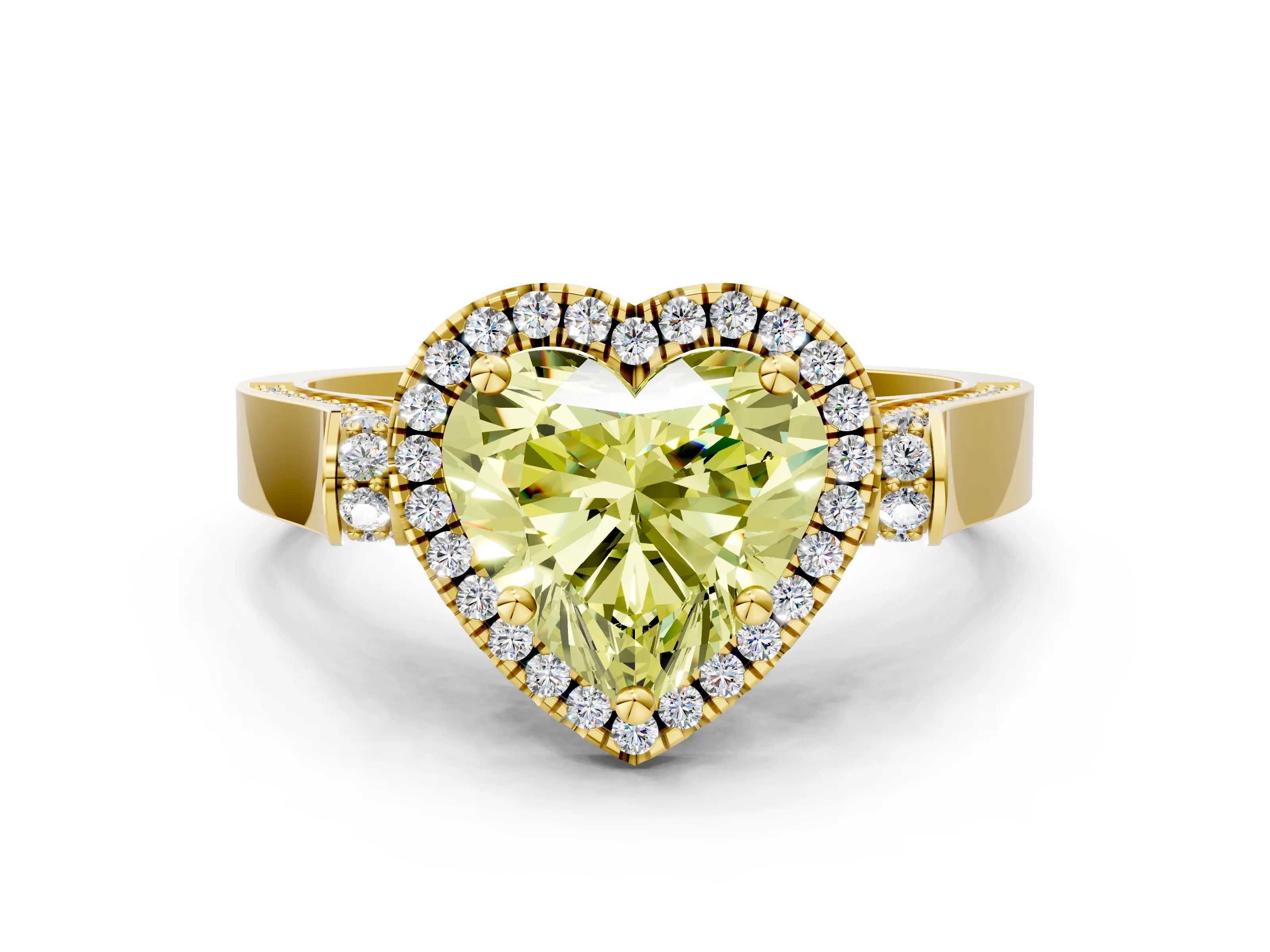 Yellow gold Fancy Yellow Heart Cut Halo Round Diamond Twist Band with Four-Prong Setting