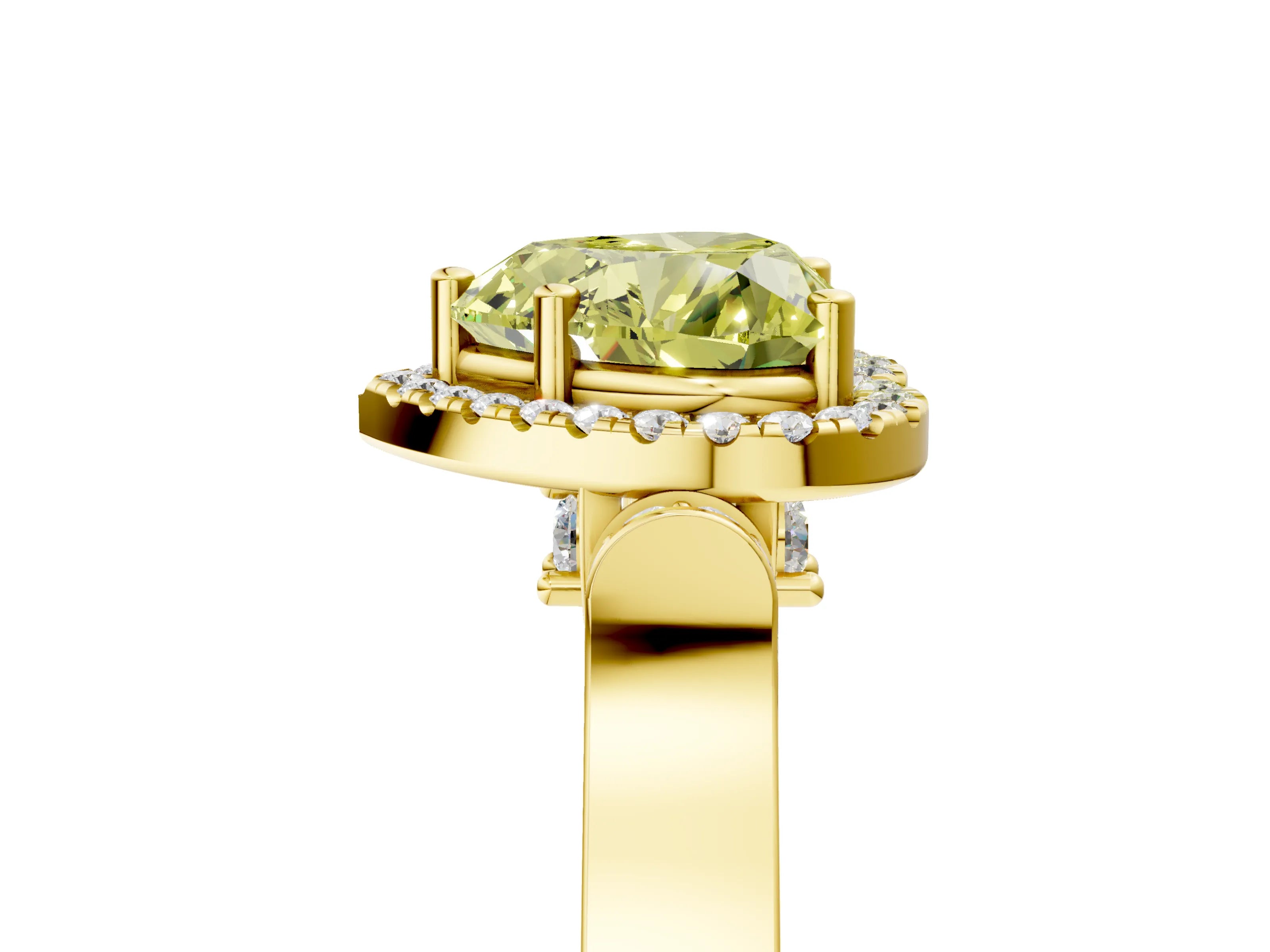 Yellow gold Fancy Yellow Heart Cut Halo Round Diamond Twist Band with Four-Prong Setting_5