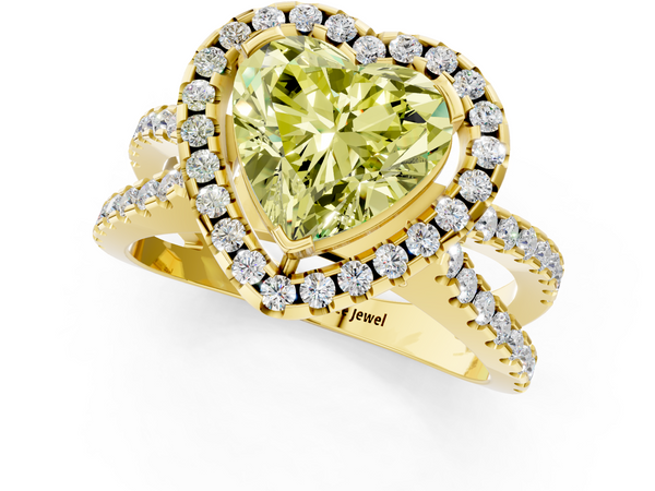 Yellow gold Fancy Yellow Heart Cut Diamond Halo Ring with Split Shank Pavé Band and Prong Setting