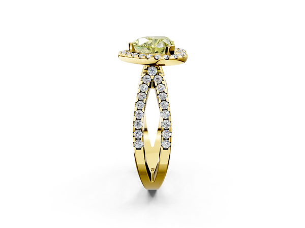 Yellow gold Fancy Yellow Heart Cut Diamond Halo Ring with Split Shank Pavé Band and Prong Setting