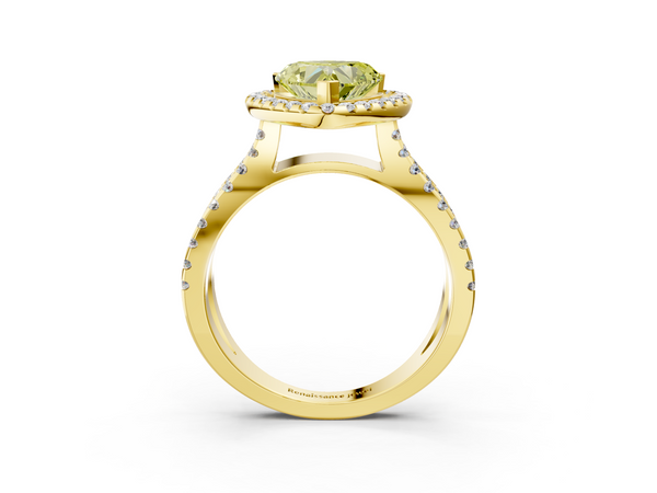 Yellow gold Fancy Yellow Heart Cut Diamond Halo Ring with Split Shank Pavé Band and Prong Setting
