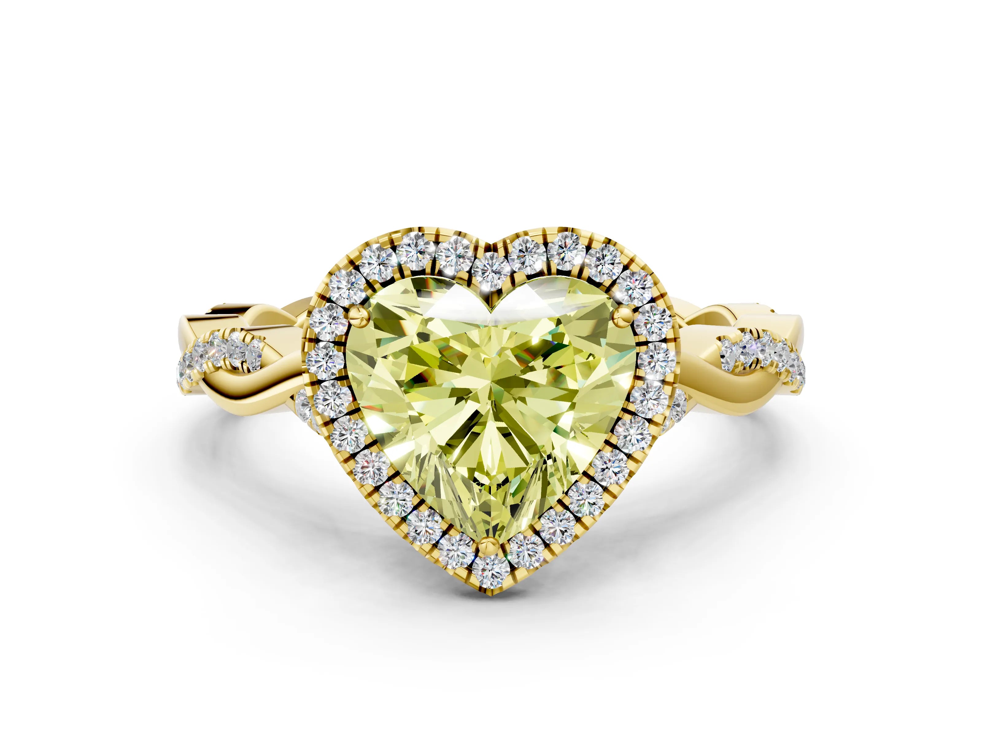 Yellow gold Fancy Yellow Heart Cut Halo Twist Band with Four-Prong Setting