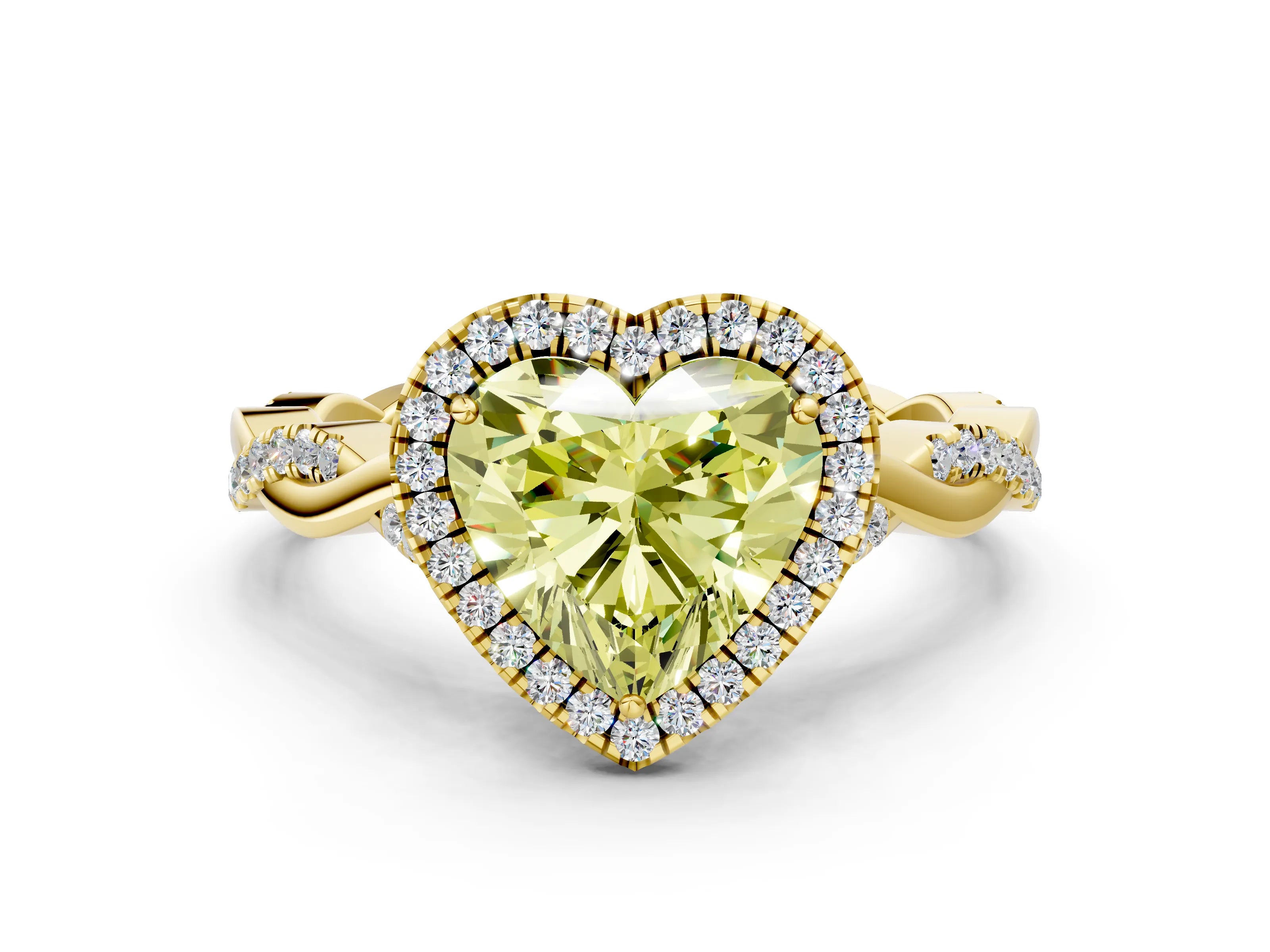 Yellow gold Fancy Yellow Heart Cut Halo Twist Band with Four-Prong Setting_12