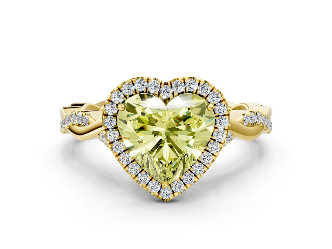 Yellow gold Fancy Yellow Heart Cut Halo Twist Band with Four-Prong Setting_12