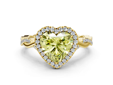 Yellow gold Fancy Yellow Heart Cut Halo Twist Band with Four-Prong Setting