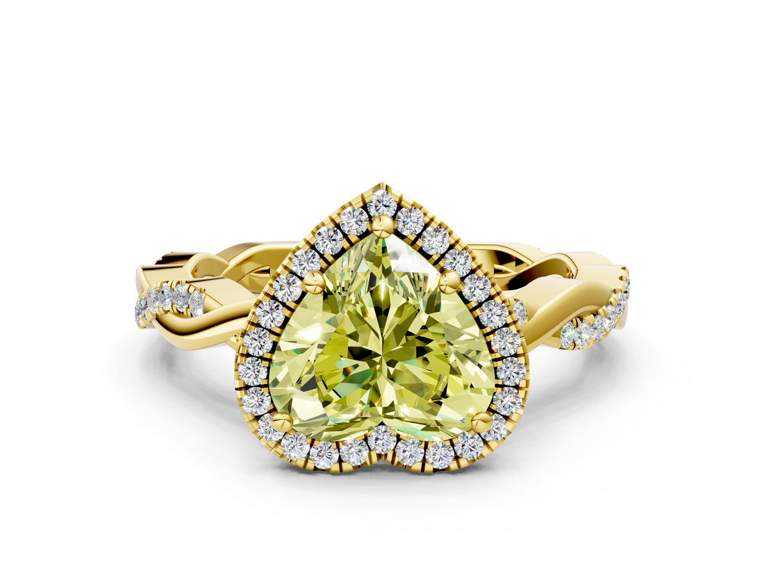 Yellow gold Fancy Yellow Heart  Cut Halo Twisted Band Four-Prong Ring_19