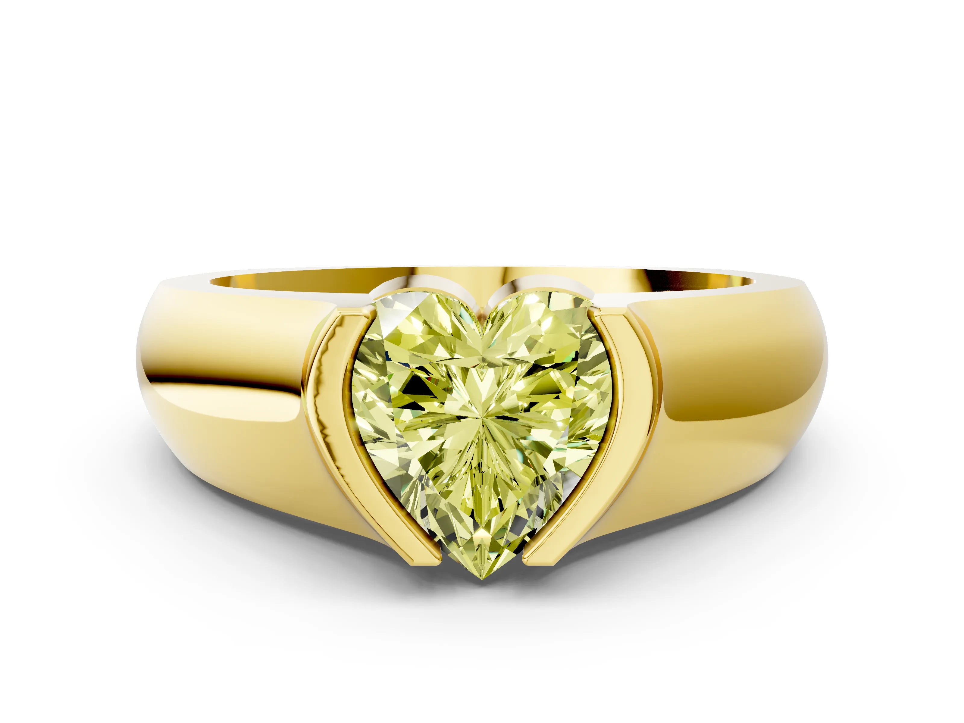 Yellow gold Fancy Yellow Heart Cut Solitaire Bezel Set Diamond Ring with Wide Band
