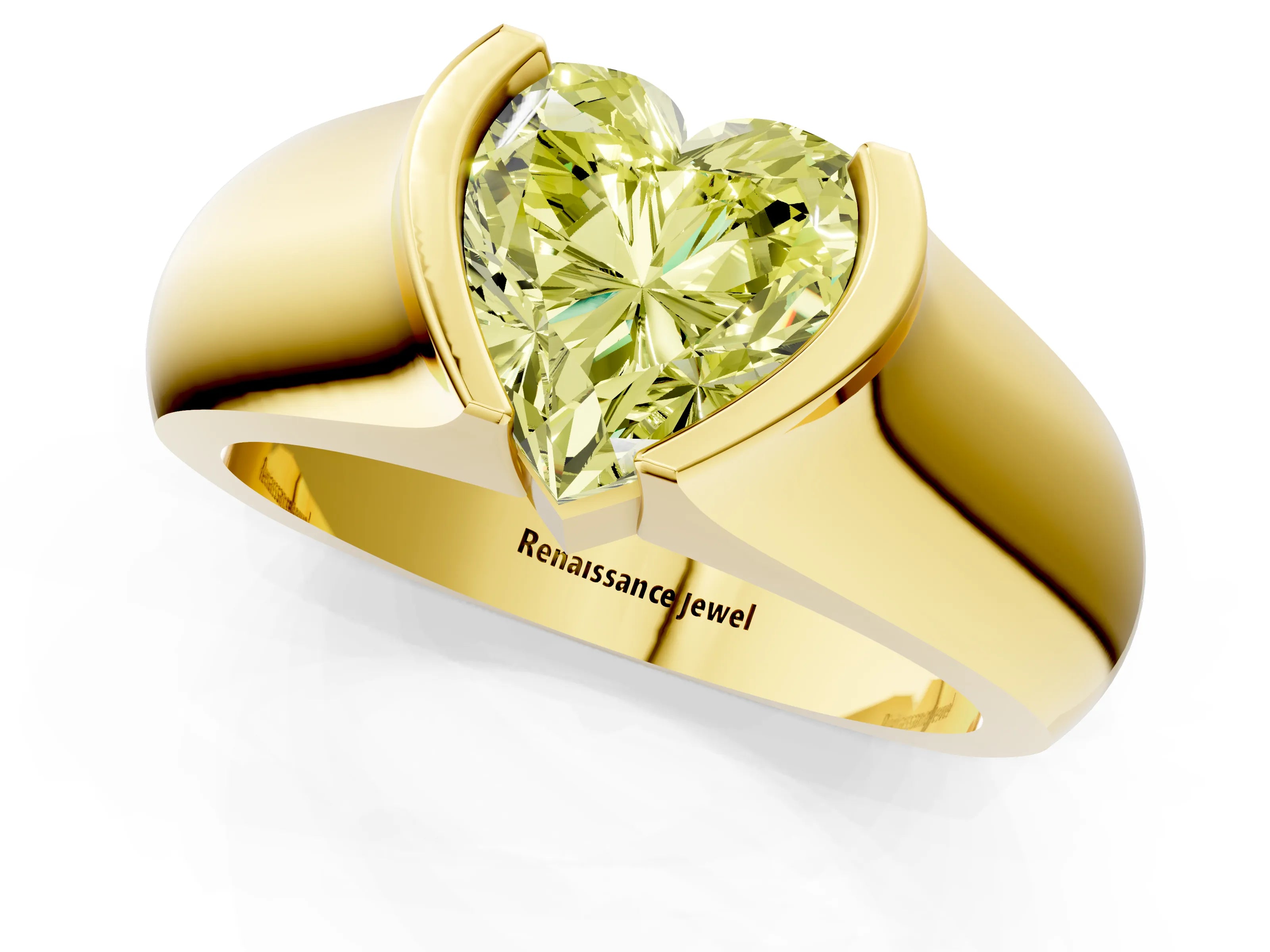 Yellow gold Fancy Yellow Heart Cut Solitaire Bezel Set Diamond Ring with Wide Band_1
