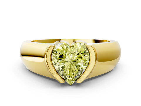 Yellow gold Fancy Yellow Heart Cut Solitaire Bezel Set Diamond Ring with Wide Band