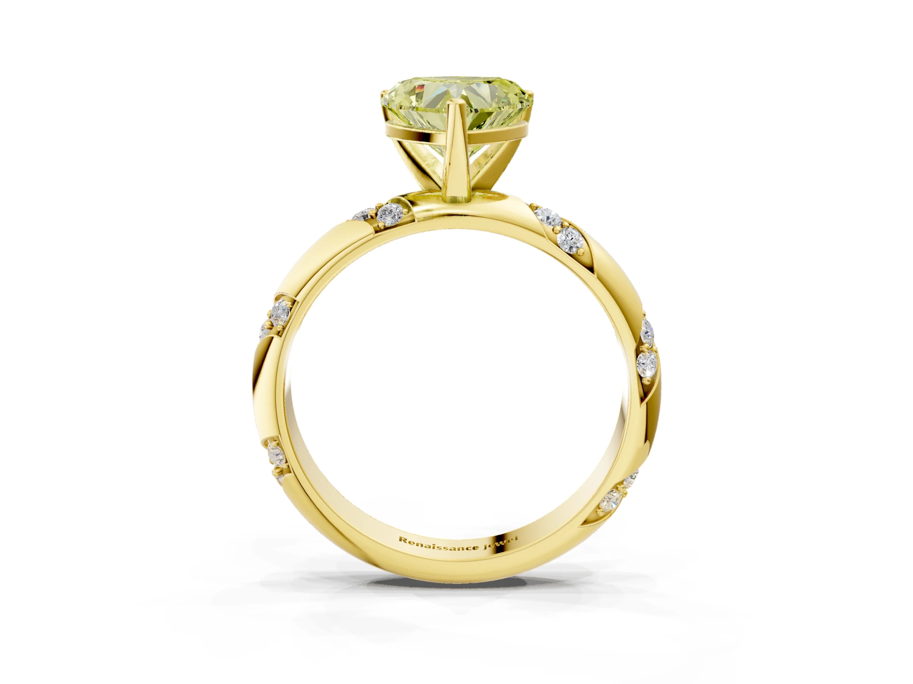 Yellow gold Fancy Yellow Heart Cut Solitaire Diamond Engagement Ring with Twisted Pave Band and Four-Prong Setting_6