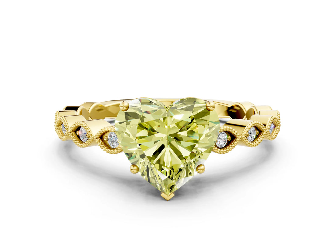 Yellow gold Fancy Yellow Heart Cut Solitaire Diamond Ring with Infinity Twist Band and Four-Prong Setting