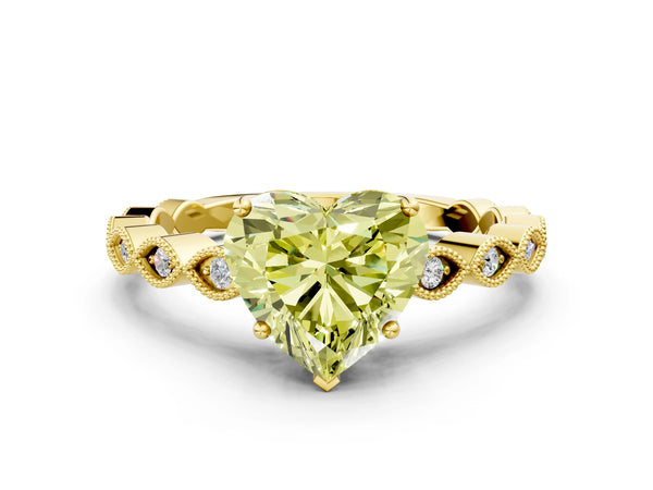 Yellow gold Fancy Yellow Heart Cut Solitaire Diamond Ring with Infinity Twist Band and Four-Prong Setting