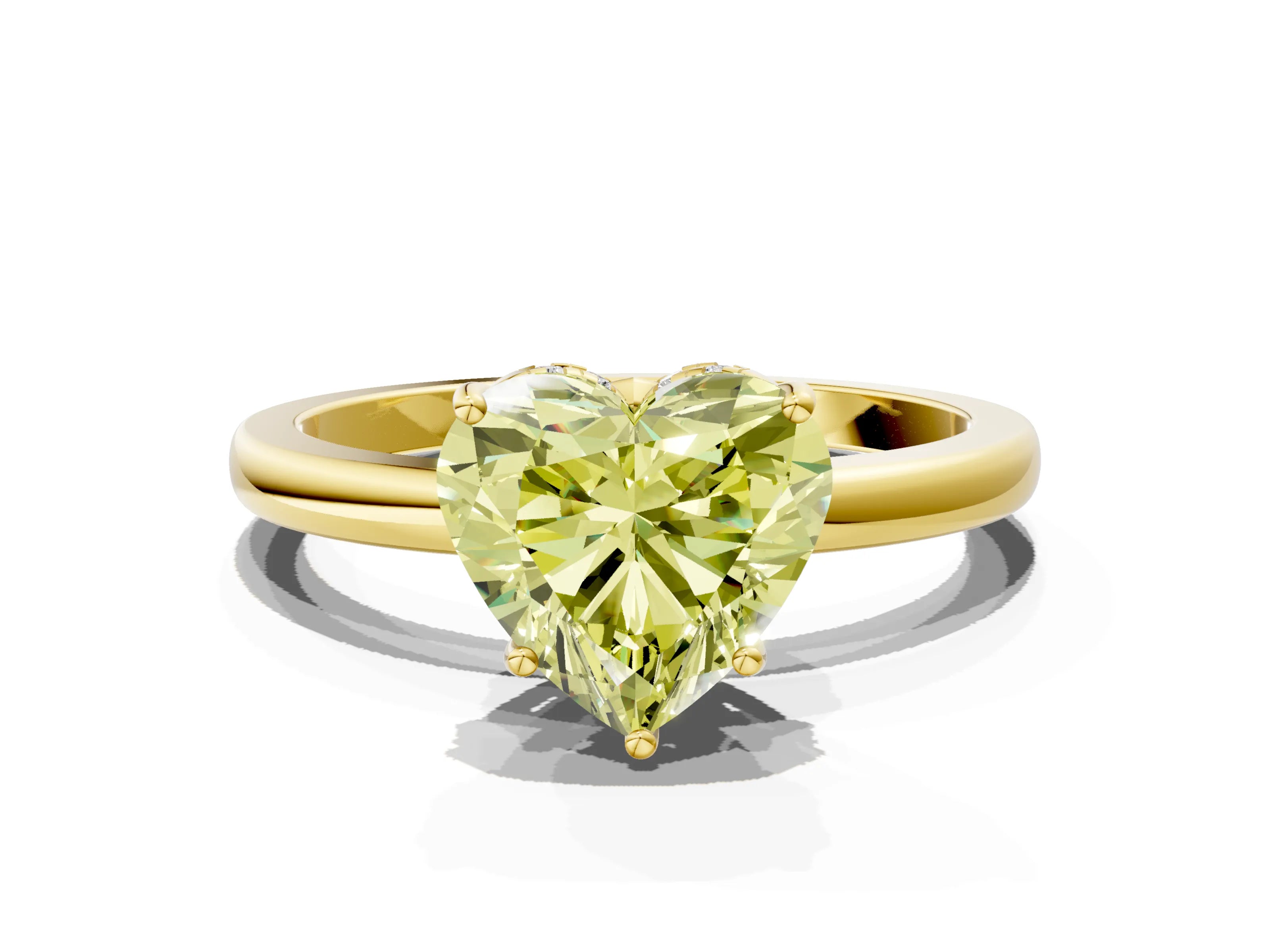 Yellow gold Fancy Yellow Heart Cut Solitaire Diamond Ring with Prong Setting and Plain Band