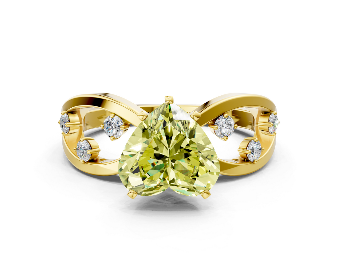 Yellow gold Fancy Yellow Heart  Cut Solitaire Diamond with Side Stones on Criss-Cross Band and Four-Prong Setting_3