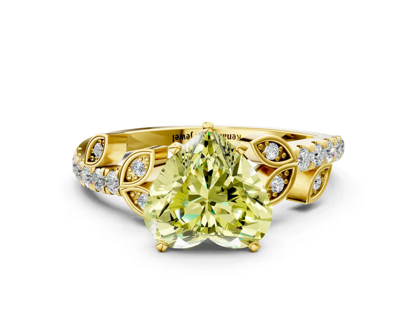 Yellow gold Fancy Yellow Heart Cut Solitaire Leaf-Inspired Diamond Ring with Pavé Band and Four-Prong Setting