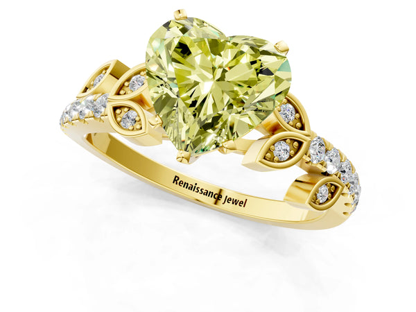 Yellow gold Fancy Yellow Heart Cut Solitaire Leaf-Inspired Diamond Ring with Pavé Band and Four-Prong Setting