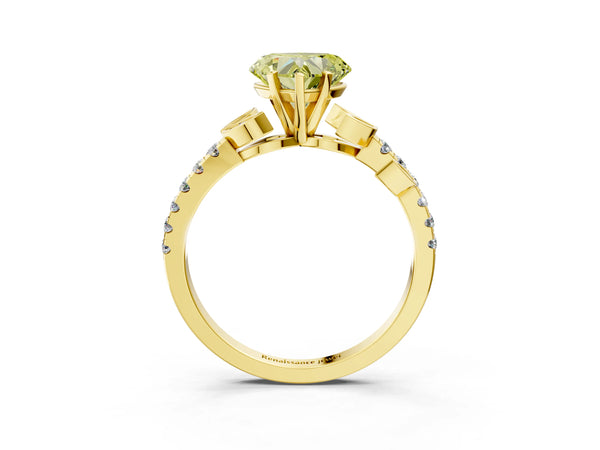 Yellow gold Fancy Yellow Heart Cut Solitaire Leaf-Inspired Diamond Ring with Pavé Band and Four-Prong Setting