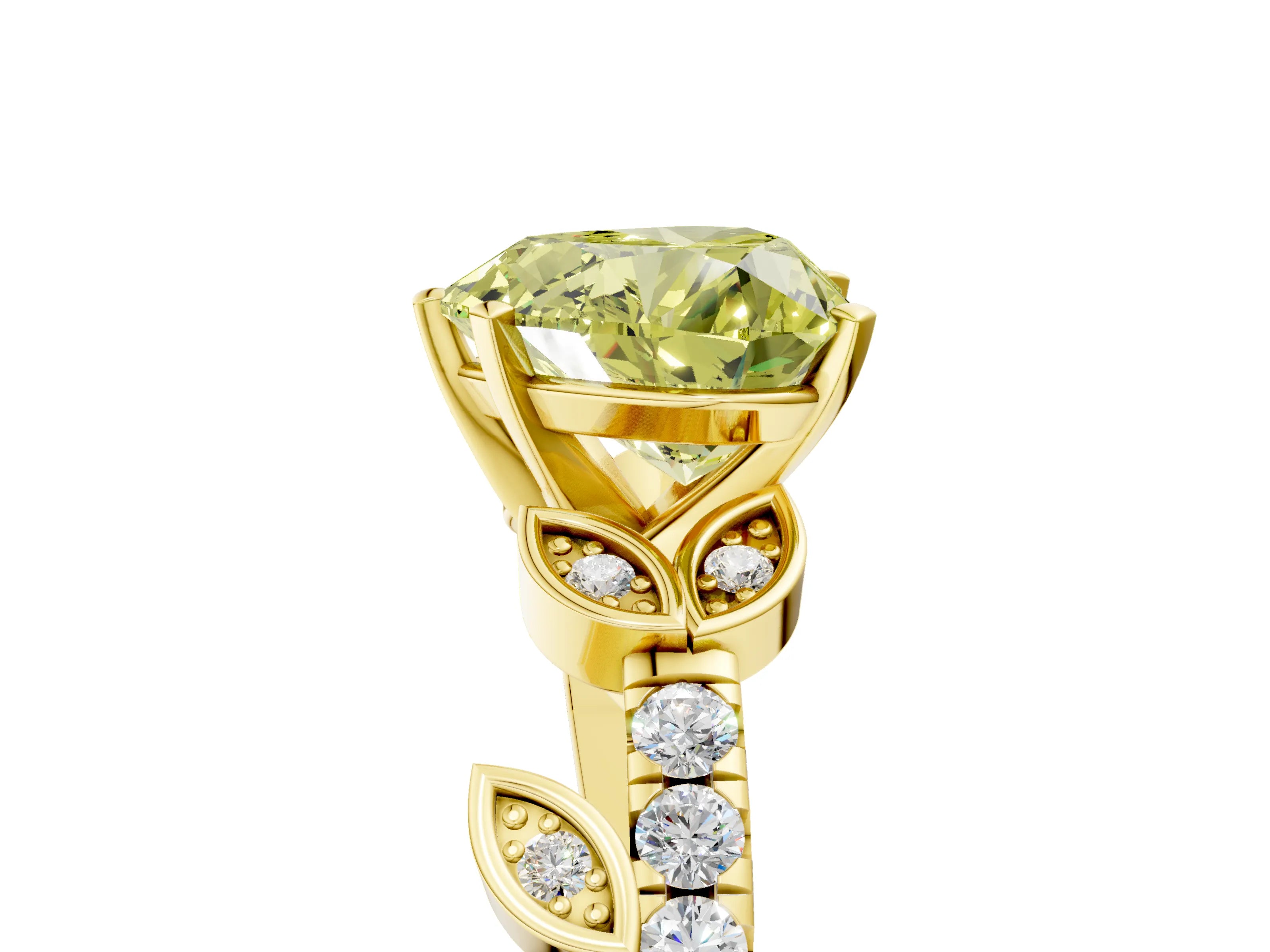 Yellow gold Fancy Yellow Heart Cut Solitaire Leaf-Inspired Diamond Ring with Pavé Band and Four-Prong Setting_5
