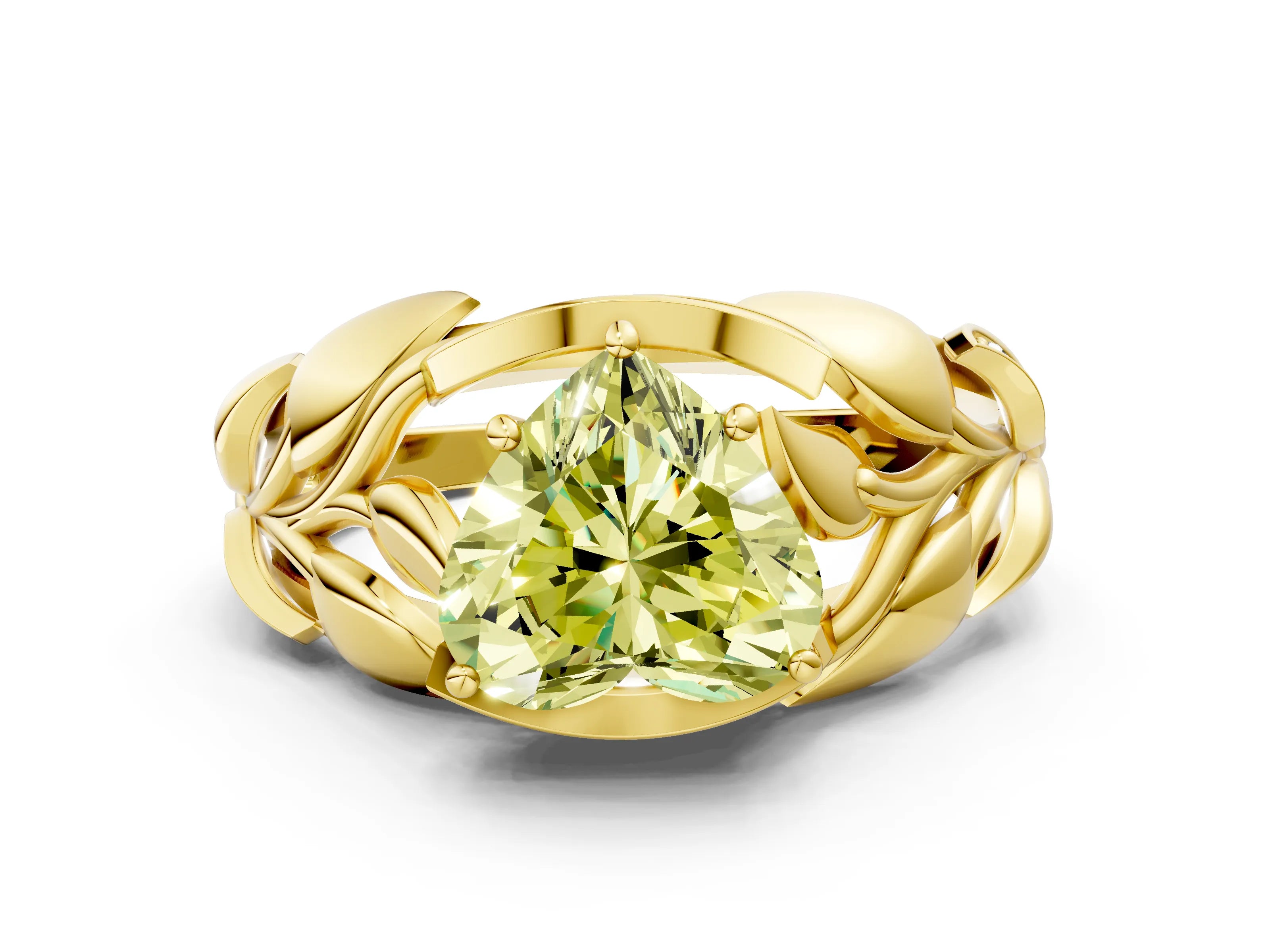 Yellow gold Fancy Yellow Heart Cut Solitaire Leaf-Inspired Engagement Ring with Prong Setting