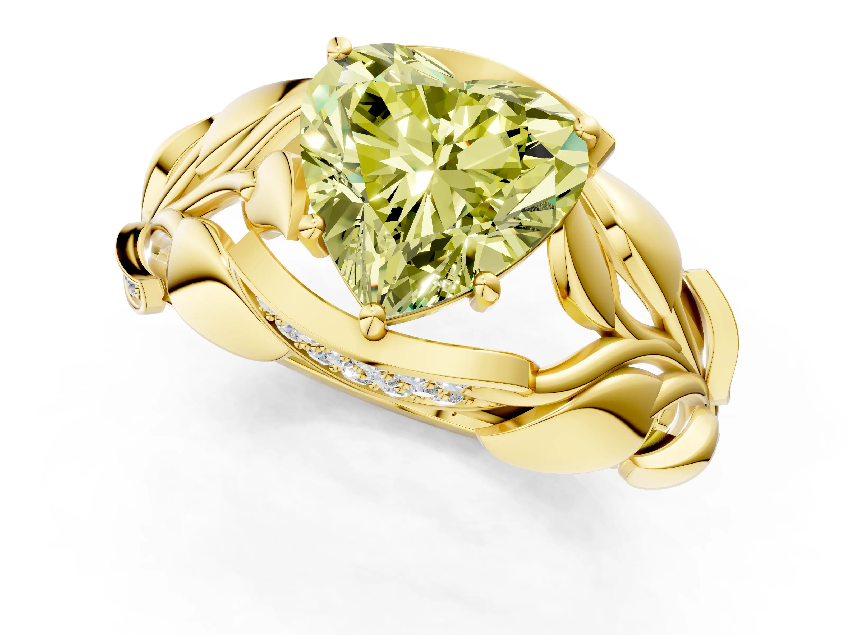 Yellow gold Fancy Yellow Heart Cut Solitaire Leaf-Inspired Engagement Ring with Prong Setting_1