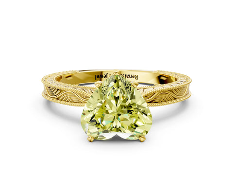 Yellow gold Fancy Yellow Heart Cut Solitaire Milgrain Engraved Band with Four-Prong Setting