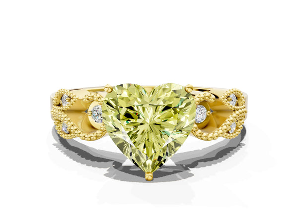 Yellow gold Fancy Yellow Heart Cut Solitaire Milgrain Leaf Band with Prong Setting