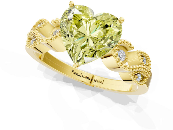 Yellow gold Fancy Yellow Heart Cut Solitaire Milgrain Leaf Band with Prong Setting