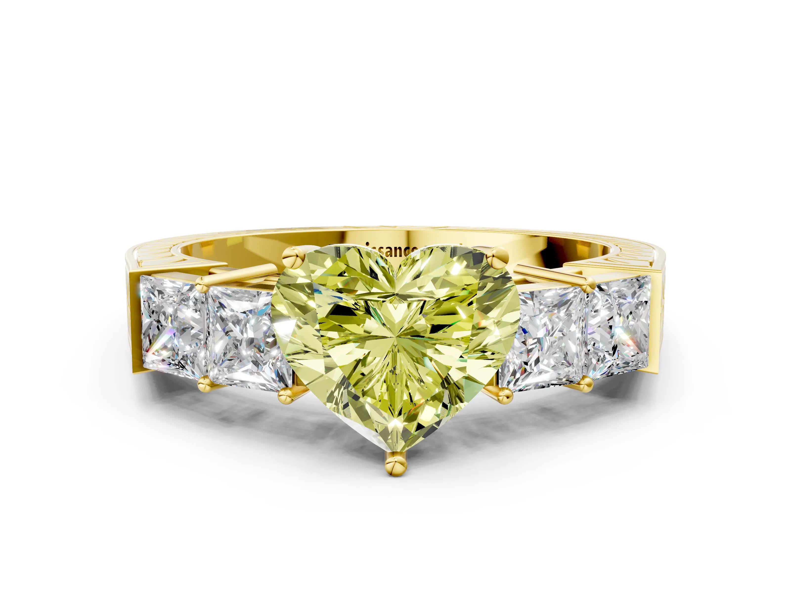 Yellow gold Fancy Yellow Heart Cut Solitaire Princess Side Stone Engraved Band Prong Setting Ring
