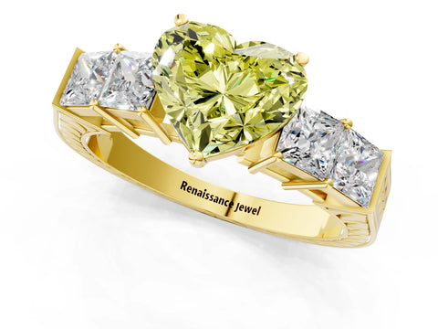 Yellow gold Fancy Yellow Heart Cut Solitaire Princess Side Stone Engraved Band Prong Setting Ring_1