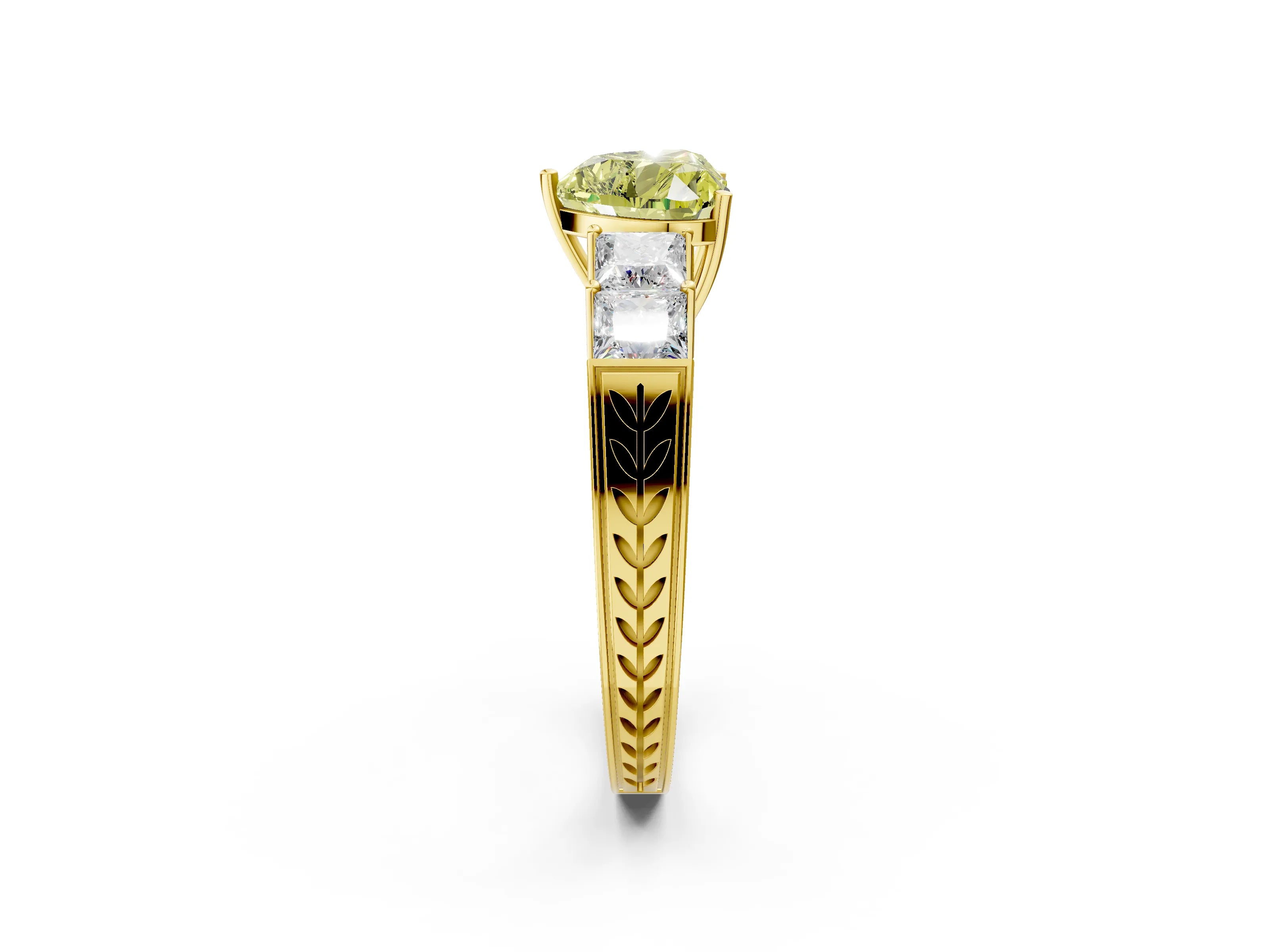 Yellow gold Fancy Yellow Heart Cut Solitaire Princess Side Stone Engraved Band Prong Setting Ring_2