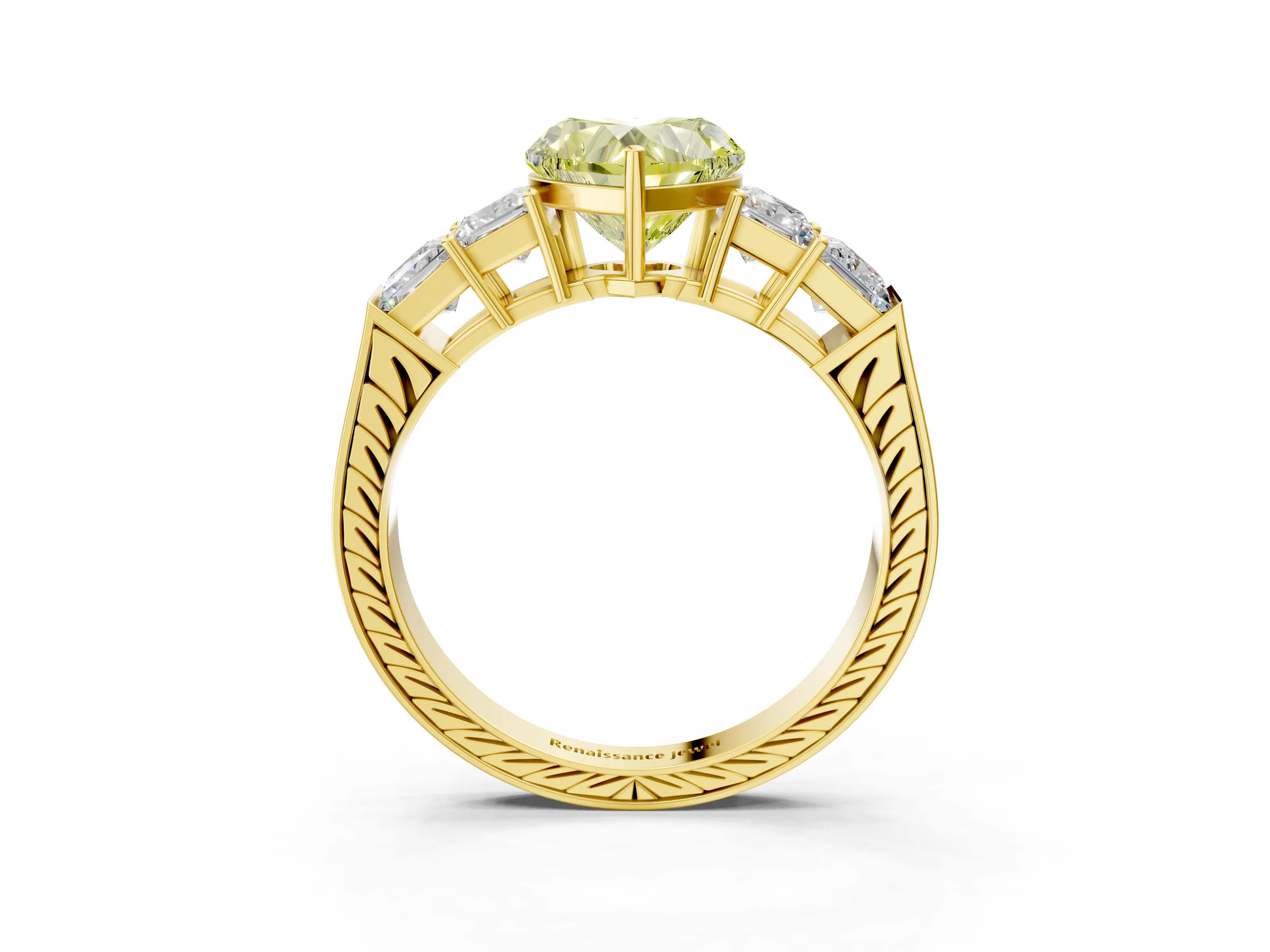 Yellow gold Fancy Yellow Heart Cut Solitaire Princess Side Stone Engraved Band Prong Setting Ring_3