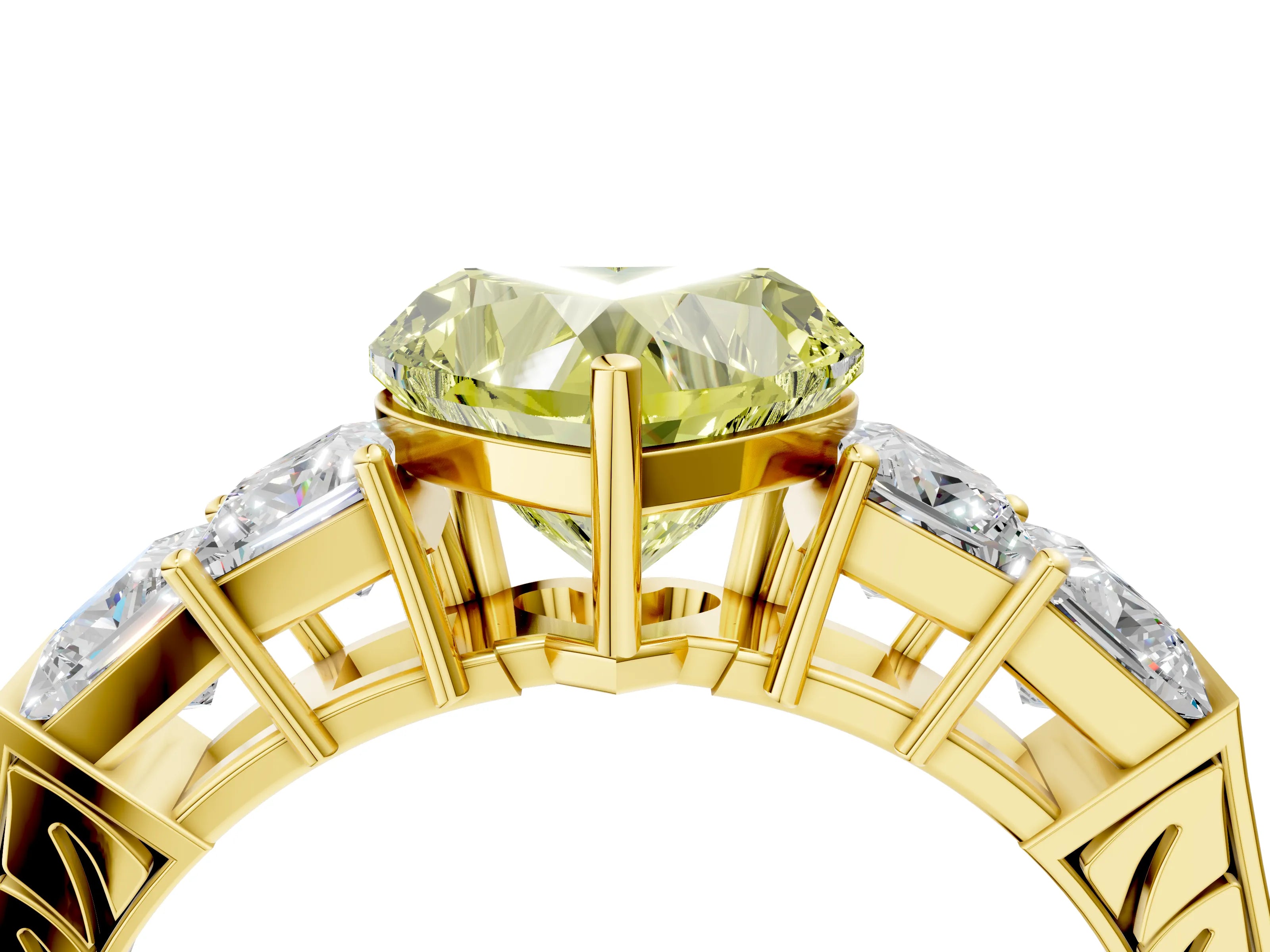 Yellow gold Fancy Yellow Heart Cut Solitaire Princess Side Stone Engraved Band Prong Setting Ring_4