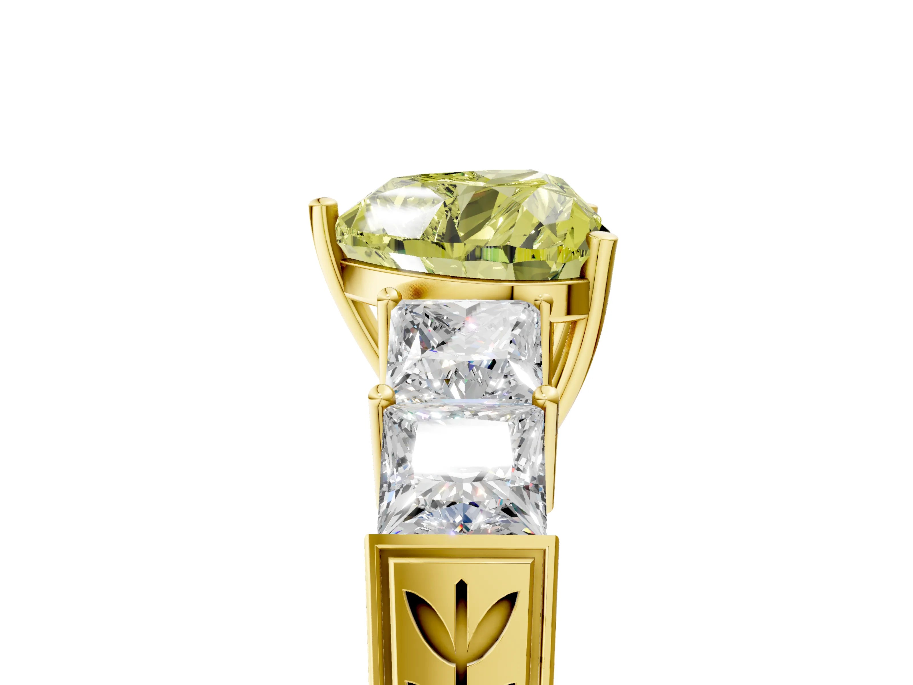 Yellow gold Fancy Yellow Heart Cut Solitaire Princess Side Stone Engraved Band Prong Setting Ring_5