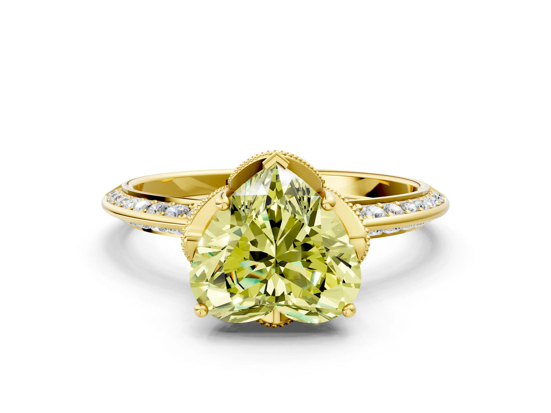 Yellow gold Fancy Yellow Heart Cut Solitaire Split Shank Pave Diamond Engagement Ring with Four-Prong Setting