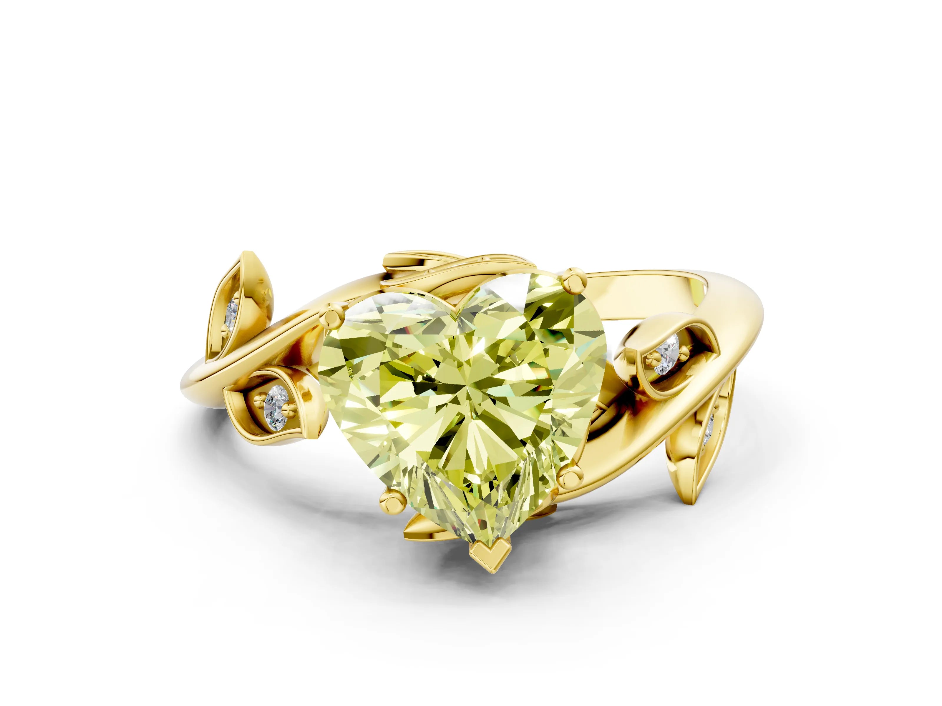 Yellow gold Fancy Yellow Heart Cut Solitaire Twist Engagement Ring with Leaf Accents and Prong Setting_14